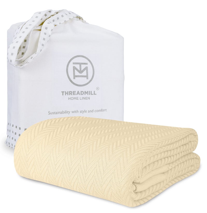 Threadmill Luxury Cotton Blankets for Queen Size Bed | All-Season 100% Cotton Queen Size Blanket | Herringbone Cozy, Soft Breathable Fall Thermal Blanket fits Full Size Bed | Vanilla Cream - Image 1